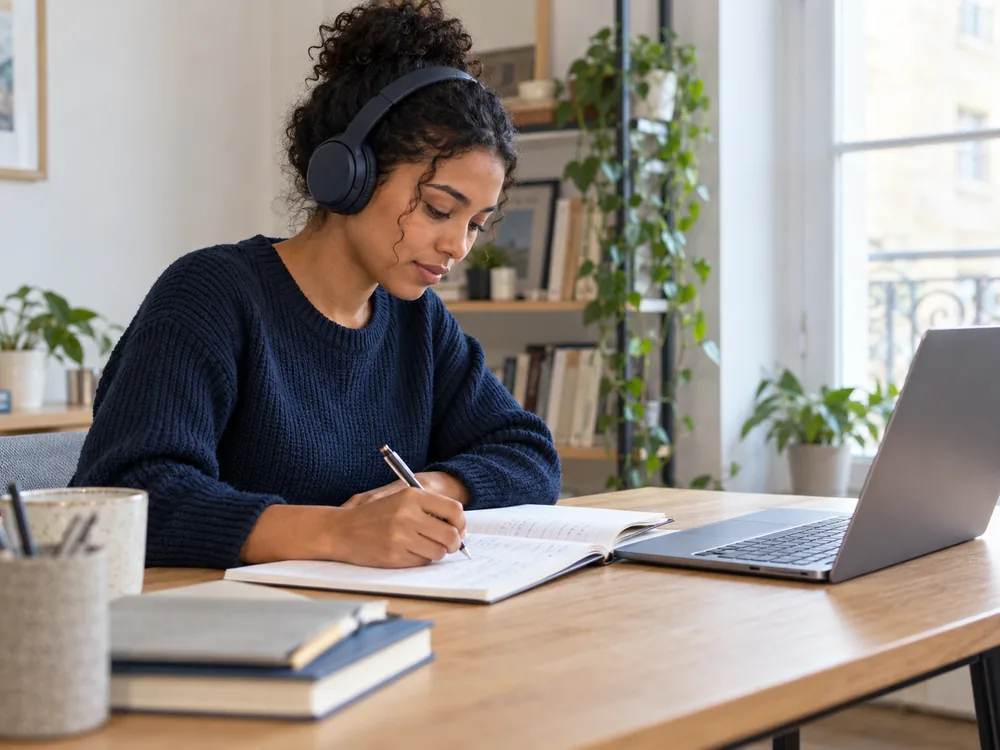 Illustration of a learner preparing for an exam with a notebook, laptop and headphones.