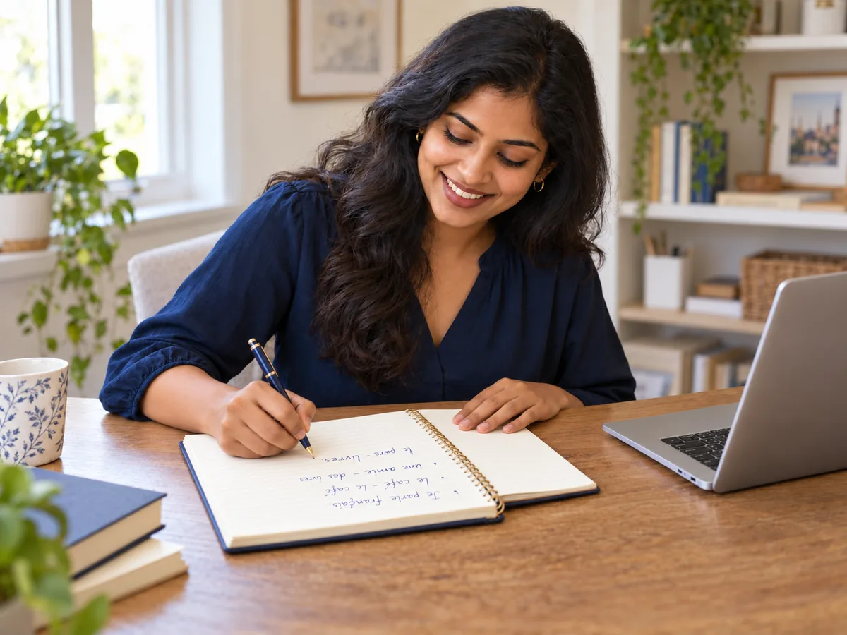 Illustration of a smiling adult Indian woman practising French, taking handwritten notes in a lined notebook beside a laptop.